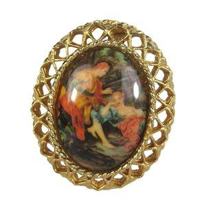 Figural Brooch Cameo 1.4 in Metal Pin Estate Vintage 80s Goldtone Pendant